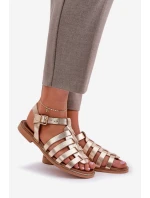 Skórzane Sandały Na Płaskim Obcasie Zazoo 3686 Złote