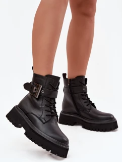 Skórzane Botki Workery Damskie Ocieplane Z Ozdobną Klamrą D&A MK52-032 Czarne