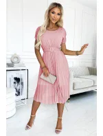 465-3 MIA skladané midi šaty so širokým opaskom - DARK RED