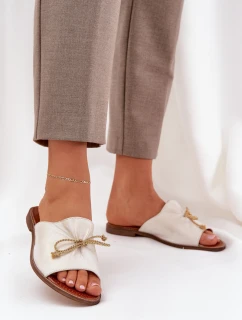 Skórzane Płaskie Eleganckie Klapki Z Kokardką Lewski 3572 Złoty Przecierany