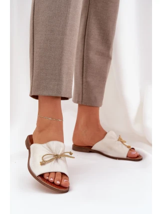 Skórzane Płaskie Eleganckie Klapki Z Kokardką Lewski 3572 Złoty Przecierany