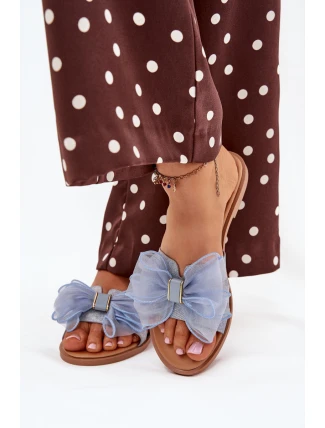 Klapki Damskie Na Płaskim Obcasie Z Tiulową Kokardą Jeansowe Tanira