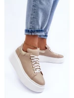 Damskie Buty Sportowe Skórzane na Platformie Beżowe Lemar 10150