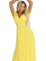 562-8 NASTIA Dlhé šaty so srdiečkovým výstrihom, podšívkou a krátkymi rukávmi - citrónové limoncello