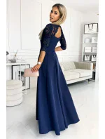 309-6 AMBER elegantné čipkované dlhé šaty s výstrihom - ZELENÉ