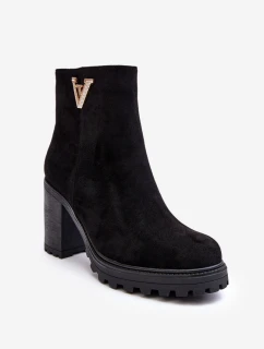 Damskie Zamszowe Botki Na Słupku Z Ozdobą Czarne Strong