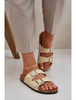 Materiałowe Klapki Na Korkowej Podeszwie Z Klamrami Żółte Atera