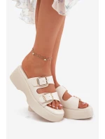 Klapki Damskie Na Koturnie I Platformie Z Klamrami Jasnobeżowe Nitarelia