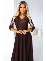 309-14 AMBER elegantné dlhé čipkované šaty s výstrihom - čokoládové
