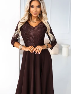 309-14 AMBER elegantné dlhé čipkované šaty s výstrihom - čokoládové