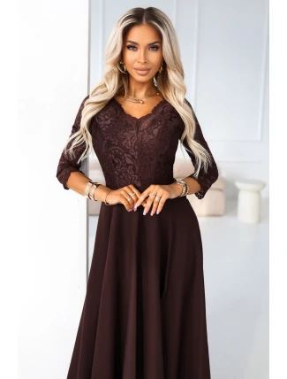 309-14 AMBER elegantné dlhé čipkované šaty s výstrihom - čokoládové