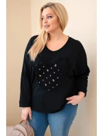 Dámske bavlnené Plus veľkosť V-neck blúzka čierna
