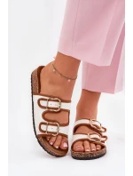 Materiałowe Klapki Damskie Na Korkowej Platformie Z Klamrami Białe Osoffe