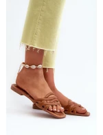 Klapki Damskie Eko Skórzane Na Płaskim Obcasie Brązowe Moldela