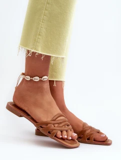 Klapki Damskie Eko Skórzane Na Płaskim Obcasie Brązowe Moldela