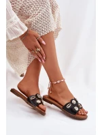 Klapki Damskie Na Płaskim Obcasie Ze Złotymi Przypinkami Czarne Nalothiel