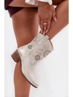 Zamszowe Skórzane Botki Damskie Ażurowe Na Obcasie Zazoo 3844 Złoty Przecierany