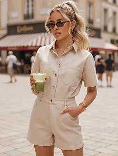 Dámske krátke džínsové overaly s gumou v páse, béžové, FashionStreet EY2689