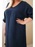 Dámske plus size bavlnené mušelínové šaty s výstrihom do V v námorníckej farbe