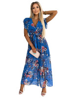 ARIA - Svetlomodré dlhé kvetované dámske šaty s výstrihom a krátkymi rukávmi 473-1