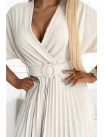 471-1 FELICIA Plisované midi šaty s výstrihom a širokým opaskom - BEACH 471-1 FELICIA Plisované midi šaty s výstrihom a širokým opaskom - BEACH