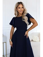 694-4 MIRELLA Elegantné maxišaty so zvonovým strihom a flitrovými rukávmi – tmavomodré 694-4 MIRELLA Elegantné maxišaty so zvonovým strihom a flitrovými rukávmi – tmavomodré