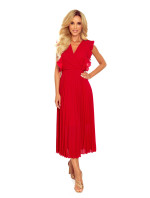 EMILY - Červené dámske plisované šaty s volánikmi a výstrihom 315-3