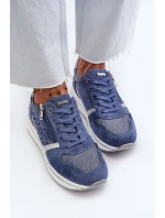 Sneakersy Damskie Na Platformie Z Ażurowym Wzorem I Brokatem INBLU IN000372 Niebieskie
