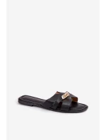 Płaskie Klapki Damskie Z Paseczkiem I Złotym Detalem Czarne Kerenza