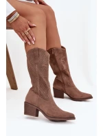 Ażurowe Kozaki Kowbojki Damskie Na Obcasie Ciemnobeżowe Olivette