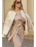 Dámske elegantné šaty s opaskom stredne dlhé béžovej - Béžová - Makadamové Dámske elegantné šaty s opaskom stredne dlhé béžovej - Béžová - Makadamové