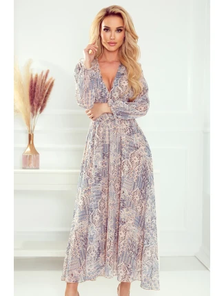 Dámske šifónové béžovo-svetlo modré midi šaty so vzorom "boho" 378-2 Dámske šifónové béžovo-svetlo modré midi šaty so vzorom "boho" 378-2