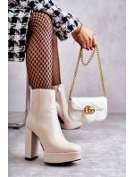 Skórzane Gładkie Botki Na Słupku Beżowe Kaysa