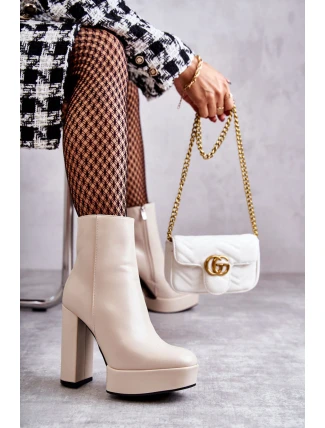 Skórzane Gładkie Botki Na Słupku Beżowe Kaysa