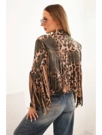 Dámska semišová bunda s leopardím vzorom a khaki strapcami