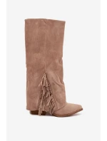 Wsuwane Kozaki Kowbojki Damskie Na Słupku Z Frędzlami Beżowe Zalia