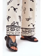 Połyskujące Sandały Damskie Z Ozdobą Płaskie Czarne Russona