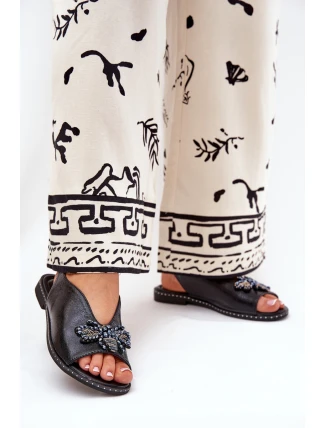 Połyskujące Sandały Damskie Z Ozdobą Płaskie Czarne Russona