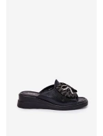 Klapki Damskie Na Koturnie Z Kokardą Czarne Moonzella