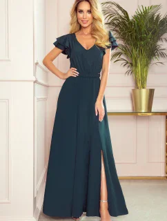 LIDIA - Dlhé dámske šaty v fľaškovo zelenej farbe s výstrihom a volánikmi 310-1