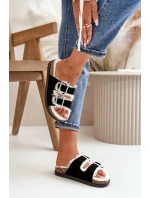 Damskie Kapcie Klapki Z Klamrami I Futerkiem Czarne Ezilena