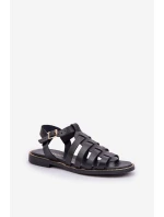 Skórzane Sandały Na Płaskim Obcasie Zazoo 3686 Czarne