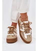 Sneakersy Damskie Na Platformie Z Podwójnym Sznurowaniem Panterka Złote Niteria