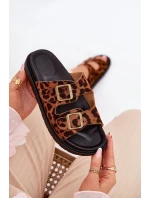Klapki Damskie W Panterkę Na Platformie Z Klamrami Brązowe Simbes