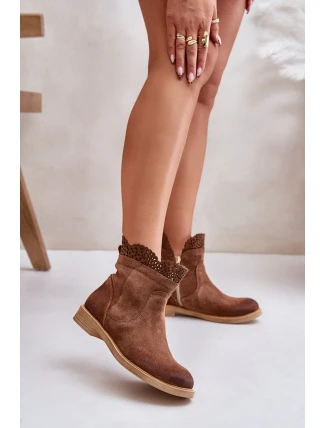 Niskie Botki Damskie Na Płaskim Obcasie Zamszowe Lewski 3624 Brązowe