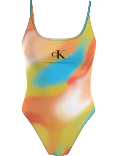 Dámske jednodielne plavky SCOOP ONE PIECE-PRINT KW0KW02086 0G0 oranžovožlté - Calvin Klein