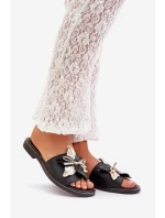 Klapki Z Ozdobą Skóra Naturalna Zazoo 3574/Z Czarne