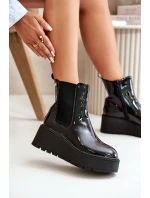 Lakierowane Botki Damskie Na Platformie I Koturnie Ocieplane Czarne Wloedia
