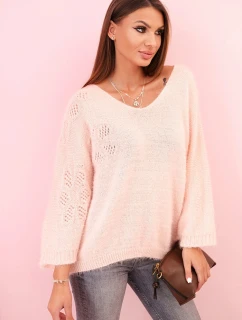 Dámsky mohérový sveter s výstrihom do V v púdrovo ružovej farbe