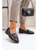 Skórzane Lakierowane Mokasyny Ze Złotą Ozdobą Laura Messi 2927 Czarne